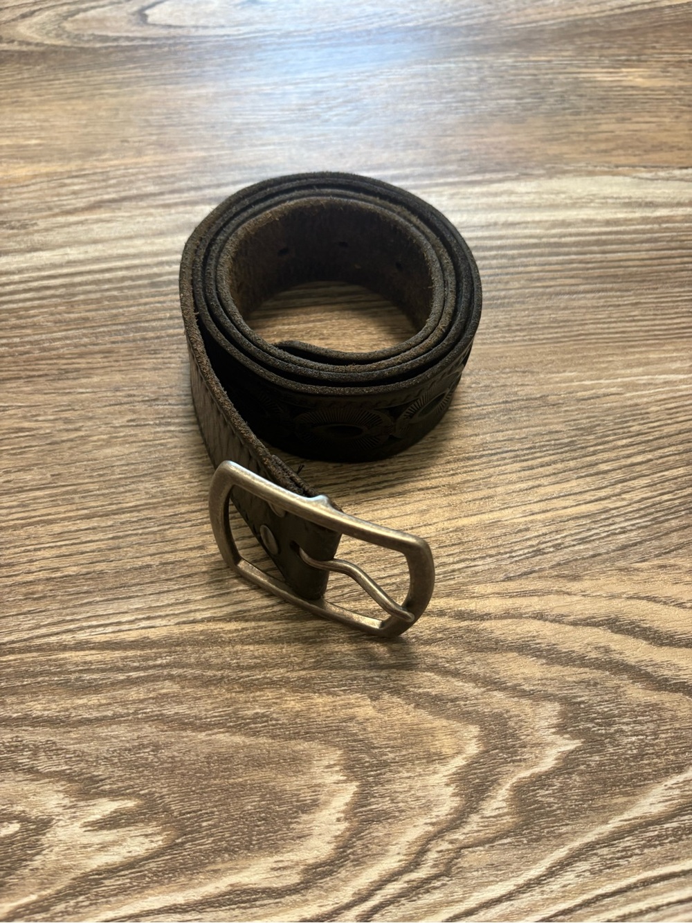 Lucky Brand Black Leather Laser Cut Silver Buckle Belt Large